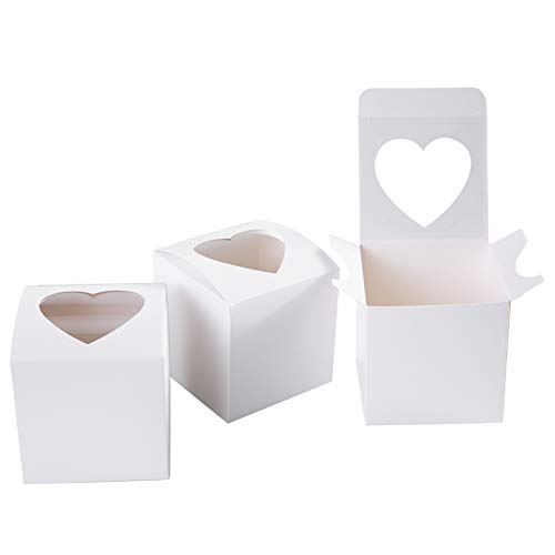 ONE MORE 3" Mini Single Favor White Cupcake Boxes with Heart Shape Window without Handle,Small Cupcake Box Carrier Individual Containers 3X3X3inch,Pack of 25