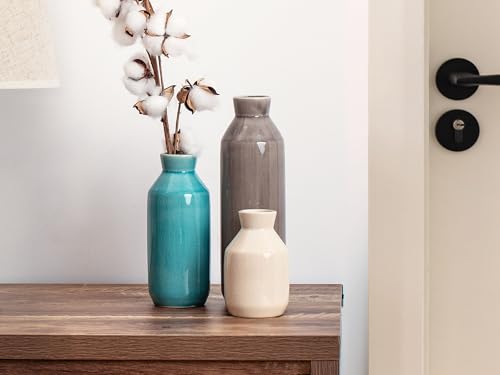 Labcosi Flower Vase for Living Room Decor, Ceramic Vase for Farmhouse Décor, Vases for Home Décor, Shelf, Tall Ceramic Vase for Centerpiece Table Decorations, Grey&Peacock Blue&Off White, Set of 3
