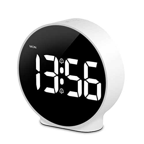 Deeyaple Small Digital Alarm Clock LED Desk Travel Electronic Clock Dual Alarm Snooze Dimmable Day Set 12/24H Week Display 4inch White (No Battery＆Adapter) Stay on for 8 s When Powered by Battery
