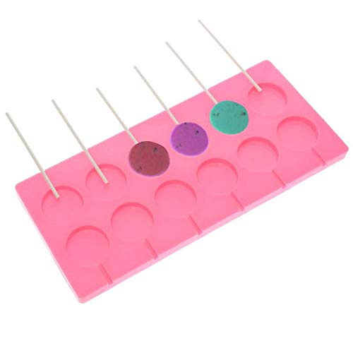 AKINGSHOP 12 Capacity Silicone Lollipop Molds,Chocolate Hard Candy Mold with 50pcs 4 inch Lollypop sucker sticks,Candy Treat Bags,gold ties. (Round pink)