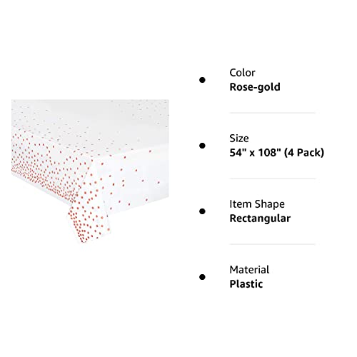 hapray 4 Pack Plastic Tablecloths for Rectangle Tables, Waterproof Disposable Party Table Cloths with Rose Gold Dot, Table Covers for Decorations, Baby Shower, Birthday, Mothers Day, 54” x 108”