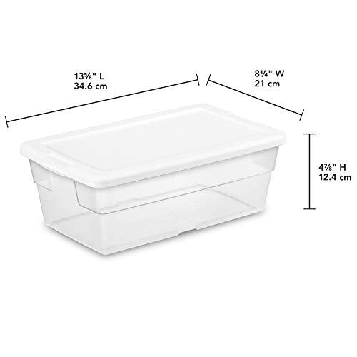 Sterilite 6 Qt Storage Box, Stackable Bin with Lid, Plastic Container to Organize Shoes and Crafts on Closet Shelves, Clear with White Lid, 12-pack