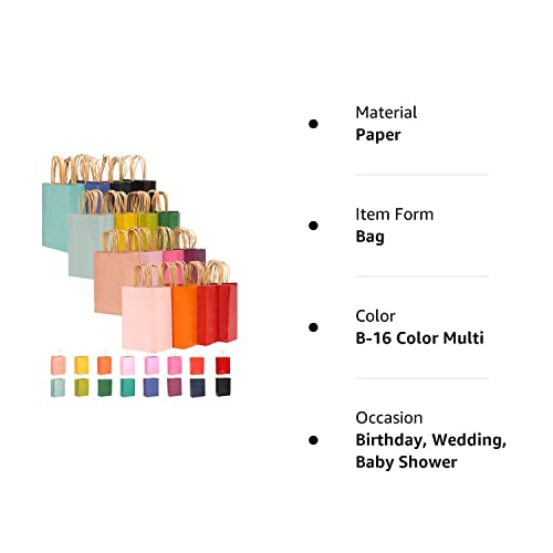 qiqee 32-Packs Paper Bags with Handles Bulk 8.26"×6"×3.15" Small Gift Bags 16 Different Senior Color Bags Multiple Uses（Small Size）