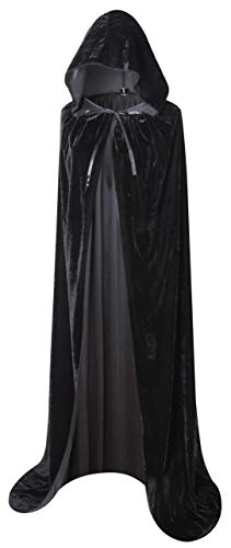 BIGXIAN Long Hooded Cloak Velvet Cape Witch Costume Halloween Costumes for Women Men (Black, Large)