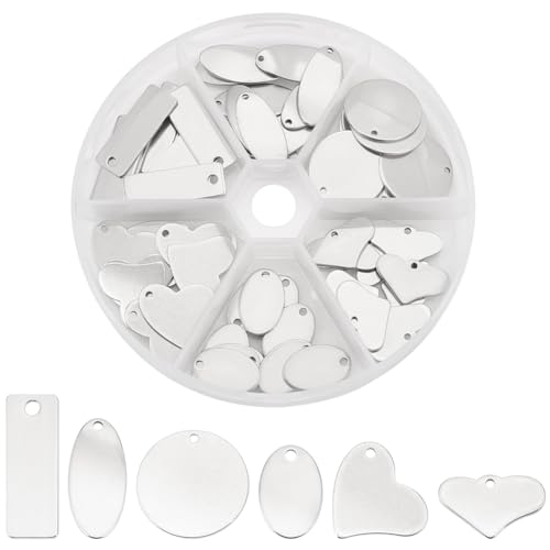 PH PandaHall 304 Stainless Steel Stamping Charms 60pcs Stamping Tag Pendants Stamping Blank Tags 6 Style Stamping Blank Tags Heart Round Metal Tag for Bracelet Necklace Jewelry DIY Craft Gift Making