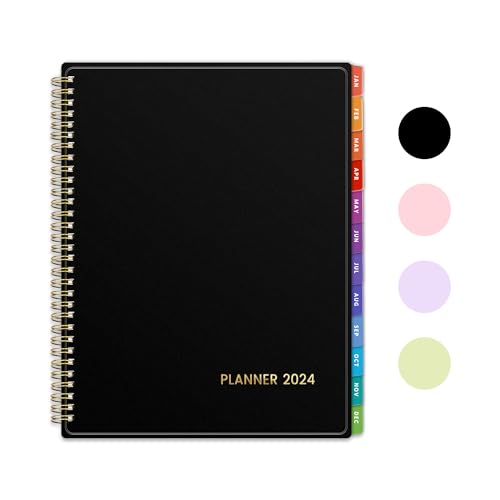SUNEE 2024 Weekly and Monthly Planner - from January 2024 - December 2024, 8.5"x11" Daily Agenda Planner with Monthly Tab, Flexible Cover, Note Pages, Pockets, Bookmark, Spiral Binding, Black