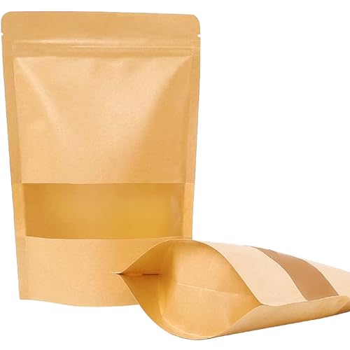 Moretoes Stand Up Pouches, Kraft Paper Bags with Window for Coffee, Brown Resealable and Ziplock Stand Up Bags for Home or Business, 7×10 Inches for Packaging, 72pcs