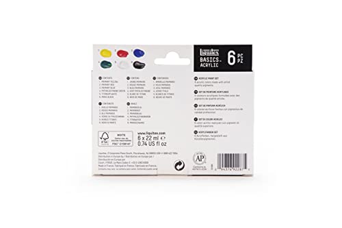 Liquitex BASICS Acrylic Paint Set, 6 x 22ml Tube Paint Set, Primary, Blue,Color Mixing,Green,White, 0.7 Fl Oz (Pack of 6)