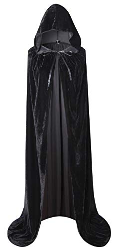 BIGXIAN Long Hooded Cloak Velvet Cape Witch Costume Halloween Costumes for Women Men (Black, Large)