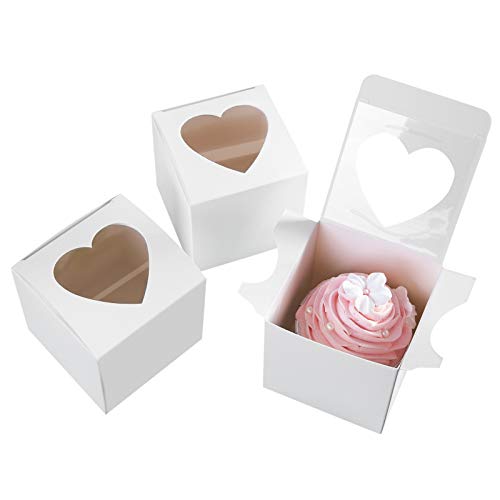 ONE MORE 3" Mini Single Favor White Cupcake Boxes with Heart Shape Window without Handle,Small Cupcake Box Carrier Individual Containers 3X3X3inch,Pack of 25