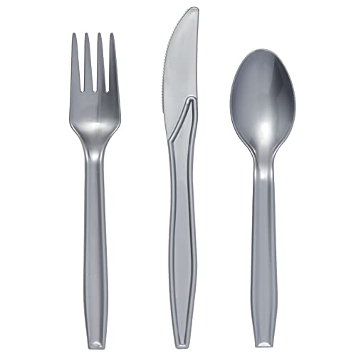 144 Piece Silver Party Supplies for Wedding, Birthday - Silver Table Decorations with Plates, Napkins, Cups, and Cutlery (Serves 24)