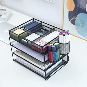 Marbrasse Mesh Desk Organiser Tray, 4 Tier Paper Letter Tray Organiser with Drawer and Pen Holder, Mesh Desktop Organizer Storage for Office Supplies (Black)