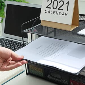 Marbrasse Mesh Desk Organiser Tray, 4 Tier Paper Letter Tray Organiser with Drawer and Pen Holder, Mesh Desktop Organizer Storage for Office Supplies (Black)