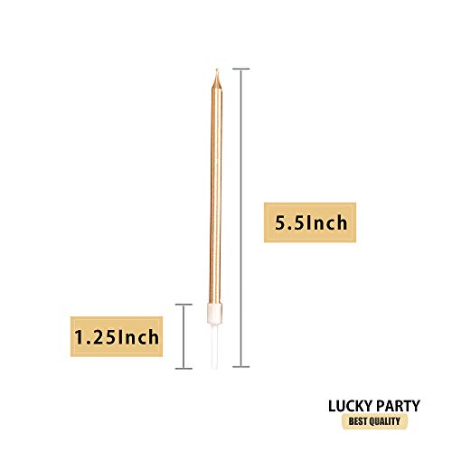 24 Count Birthday Party Long Thin Cake Candles Metallic Birthday Candles in Holders for Birthday Cakes Decorations, Champagne Gold by Lucky Party