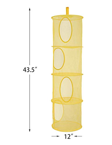 Libeder Stuffed Animal Storage Mesh Hanging Storage Space Saver Bags Organizer,Foldable Storage Organizer 4 Compartments Toy Storage Basket for Kids Room Bathroom 2 Sets Yellow