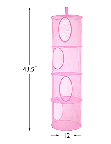 coastal rose 2Pcs Stuffed Animal Storage Foldable Stuffed Animal Net or Hammock Organizer, 4 Compartments Hanging Mesh Toy Storage Hammock for Kid Room Toys, Gloves, Hats, Socks（Pink）