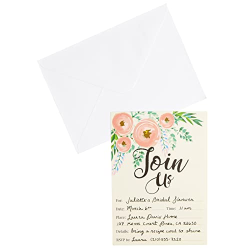 Invitation Cards - 50 Fill-In Floral Classy Cards with Envelopes. Great for Birthday Invitations, Bridal Shower Invitations, Baby Shower Invitations, and Wedding Invitations, 5 x 7 In, Postcard Style
