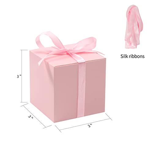 COTOPHER 100pcs Wedding Favor Boxes, Paper Gift Boxes 3x3x3 Inches Small Gift Boxes with Ribbons Small Boxes for Gifts, Crafting, Cupcake, Candy, Bridesmaid Proposal Boxes，Easy Assemble Boxes (Pink, 100)