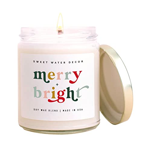 Sweet Water Decor Merry and Bright Soy Candle | Bayberry, Clove, Nutmeg, Ginger, Cypress, Cedar, Balsam Fir and Musk Scented Candles for Home | 9oz Clear Jar, 40+ Hour Burn Time, Made in The USA