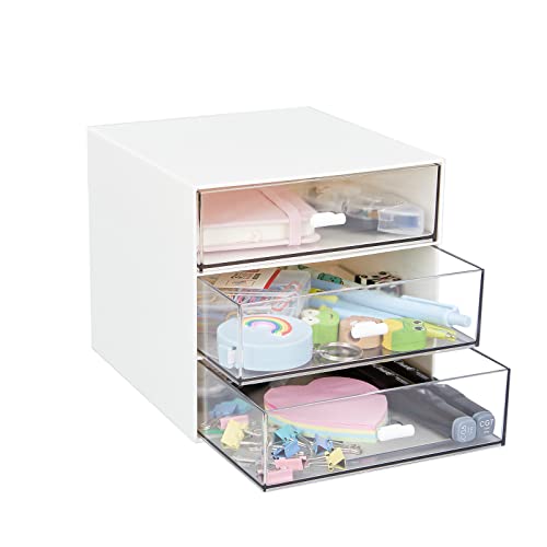 LETURE Desk Organizer with 3 Drawers, Clear Plastic Desk Storage Box, Desktop Organization for Office Supplies, Gel Pens, Pencils, Markers, Tape, Erasers, Paperclips, Chargers (White-3 Draws)