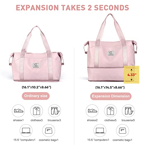 Large Travel Tote Bag, Waterproof Expandable Duffel Gym Tote Bag,Weekender Carry On Overnight Bags for Women with Trolley Sleeve Wet Pocket,travel duffel bags,Pink