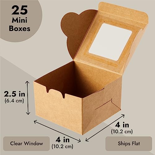25-Pack Mini Cake Boxes with Display Window for Gift Giving, Bakesale, Cupcakes, Dessert, Cookies, Pie, Macaroons, Donuts, Pastry, Kraft Paper Material (4x4x2.5 in)