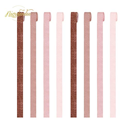 NICROLANDEE Wedding Party Supplies - 8 Rolls Rose Gold Crepe Paper Streamers Tassels Streamer Paper for Wedding Valentine's Day Birthday Baby Bridal Shower Family Gathering Decorations, 82ft Long