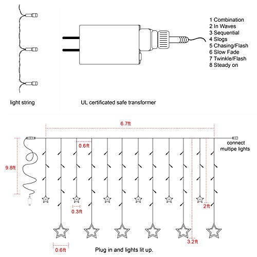 Twinkle Star 12 Stars 138 LED Curtain String Lights, Window Curtain Lights with 8 Flashing Modes Ramadan Decoration for Christmas, Wedding, Party, Home Decorations (Warm White)