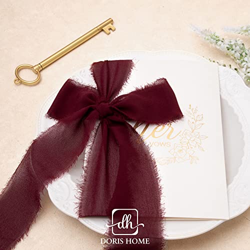 DORIS HOME 3 Rolls 2"x7Yd Fringe Chiffon Ribbon for Flower Bouquet, Handmade Burgundy Ribbon for Gift Wrapping, Frayed Edge Ribbon for Crafts, Decorating, Bouquet Wrap, Wedding Invitation