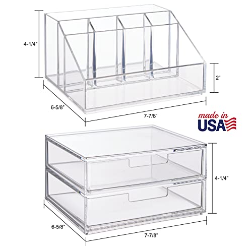 STORi Chloe Stackable Clear Makeup Holder and Double Organizer Drawer Set | Organize Cosmetics and Beauty Supplies | Made in USA