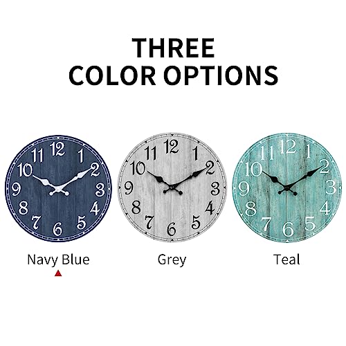HYLANDA Wall Clock, 10 Inch Wall Clocks Battery Operated Silent Non Ticking, Round Wooden Rustic Clocks Decor for Kitchen, Bathroom, Living Room, Home, Bedrooms, Office (Navy Blue)