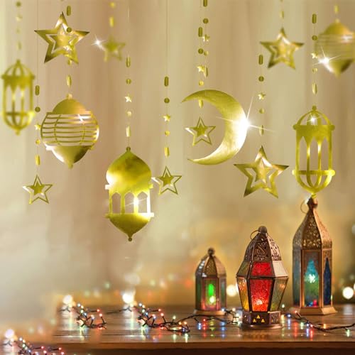 Cheerland 16pcs Islamic Gold Star Crescent Moon Lantern Ramadan Garland EID Decoration Home Happy Ramadan Mubarak Party Decor Hanging Streamer Wedding Backdrop Banner Aladdin Birthday Party Supplies