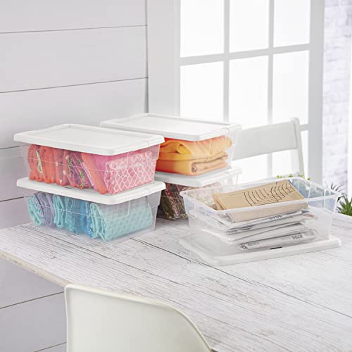 Sterilite 6 Qt Storage Box, Stackable Bin with Lid, Plastic Container to Organize Shoes and Crafts on Closet Shelves, Clear with White Lid, 12-pack