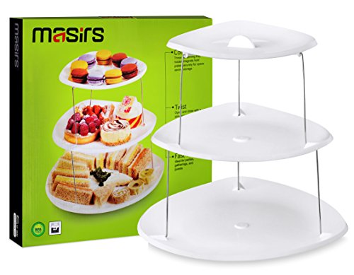 Masirs Collapsible Party Tray, 3 Tier, The Decorative Plastic Appetizer Trays Twist Down & Fold Inside, Minimal Storage Space, An Elegant Tray for Serving Sandwiches, Cake, Sliced Cheese and Deli Meat