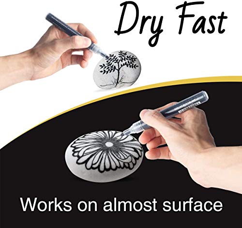 NAWOD Black Paint Pens - 6 Pack Acrylic Black White Permanent Markers, Acrylic Paint Pens for Rock Painting, Wood, Metal, Stone, Ceramic, Glass, Graffiti, Paper, Drawing. Water-based Medium Tip