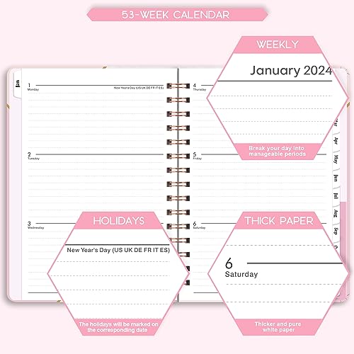 2024 Planner - January 2024 - December 2024, Planner 2024, 6.3" x 8.4", 2024 Weekly and Monthly Planner with Marked Tabs, Hardcover with Thick Paper + Contacts + Calendar + Holidays, Twin-Wire Binding - Pink Marble