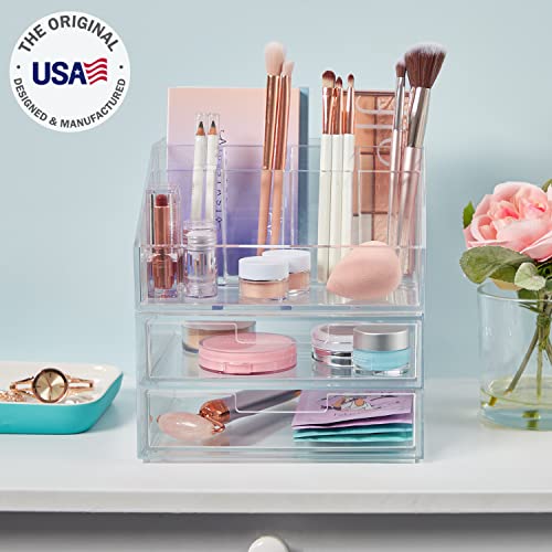 STORi Chloe Stackable Clear Makeup Holder and Double Organizer Drawer Set | Organize Cosmetics and Beauty Supplies | Made in USA