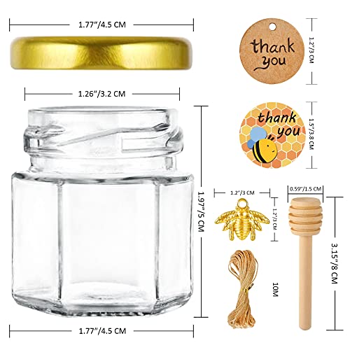 GIVAMEIHF Mini Glass Honey jars-1.5 oz, 20 pcs Hexagon Honey Jars with Wooden Dipper, Gold Lid, Bee Pendant, Rope-12m Mini Honey Jars with Lids, Perfect for Baby Shower, Wedding Favors, Party Favors