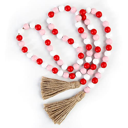 BlueMake Valentine's Day Wood Bead Garland with Tassel,Rustic Wooden Bead Decor Farmhouse Beads Big Wall Hanging Decor (Pink/Red/White)
