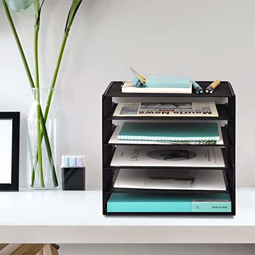 EASEPRES 5 Slot Desk Organizer Tray, Mesh File Paper Letter Tray Desktop Paper Sorter Literature Organizer Rack for Home, Office, or School, Black