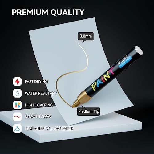 Paint Pens Paint Markers, 14 Pack Permanent Oil Based Markers, Medium Tip, 5 Colors, Never Fade Quick Drying and Waterproof Marker Pen Set for Metal, Wood, Fabric, Tire, Stone, Mugs, Glass, DIY Craft
