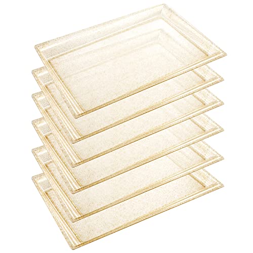 I00000 6 Pack Gold Glitter Plastic Serving Tray, 15" x 10" Crooked Food Trays, Clear Disposable Serving Platter for Parties, Weddings