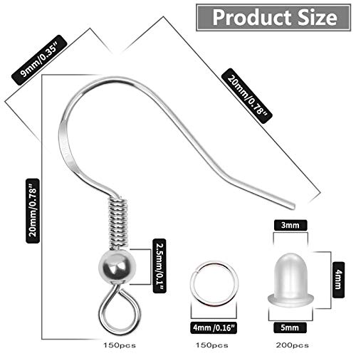 925 Sterling Silver Earring Hooks 150 PCS/75 Pairs,Ear Wires Fish Hooks,500pcs Hypoallergenic Earring Making kit with Jump Rings and Clear Silicone Backs Stoppers (Silver)