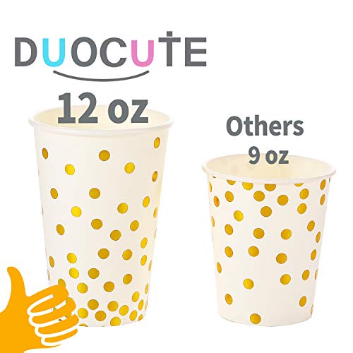 DUOCUTE White and Gold Party Supplies 150PCS Golden Dot Disposable Party Dinnerware Includes Paper Plates, Napkins, Knives, Forks, 12oz Cups, Banner, for Bridal Shower, Engagement, Wedding, Serves 25
