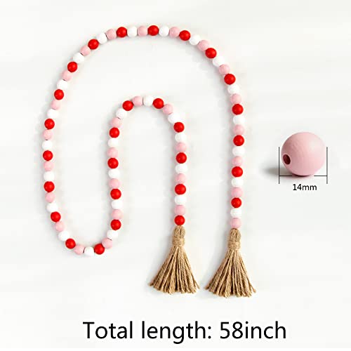 BlueMake Valentine's Day Wood Bead Garland with Tassel,Rustic Wooden Bead Decor Farmhouse Beads Big Wall Hanging Decor (Pink/Red/White)