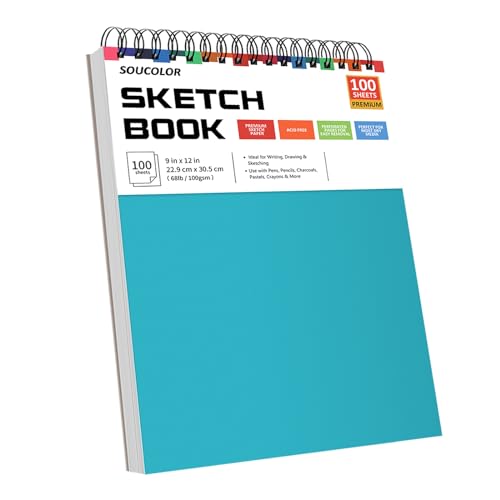 Soucolor 9" x 12"Drawing Paper, 1-Pack 100 Sheets Spiral Bound Art Sketchbook, Acid Free (68lb/100gsm) Artist Drawing Book Paper Painting Sketching Pad, Christmas Gifts Art Supplies, Aqua Sky