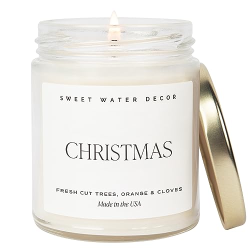 Sweet Water Decor Christmas Soy Candle | Apple Cider, Cinnamon, Fresh Cut Christmas Tree Scented Candles for Home | 9oz Clear Jar + Gold Lid, 40+ Hour Burn Time, Made in the USA