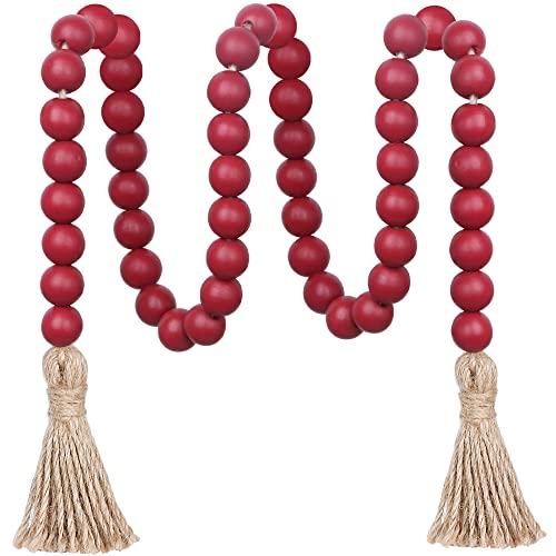 Meplait 39in Wood Bead Garland Farmhouse with Tassels,Versatile Prayer Beads Boho Chic Wall Hanging Home Decor (Burgundy)