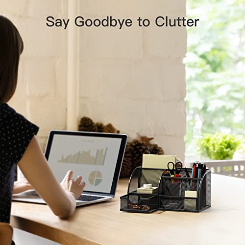 Pipishell Mesh Desk Organizer Multifunctional Desktop Office Supplies Holder with 6 Compartments and 1 Drawer for Home School Classroom