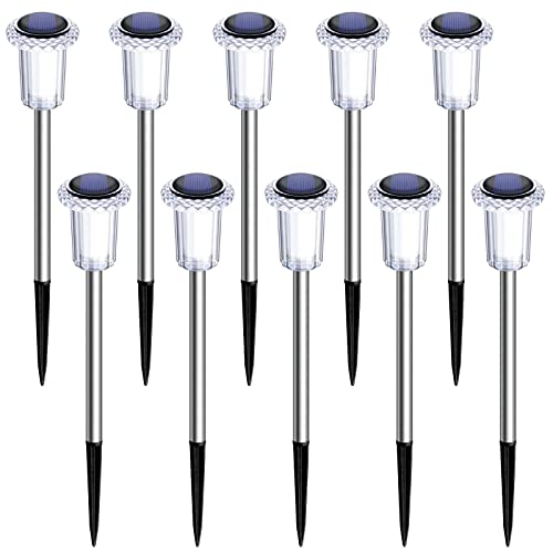 DenicMic Solar Pathway Lights 10 Pack Solar Lights Outdoor Waterproof Stainless Steel Garden Stake Lights for Pathway, Walkway, Driveway, Yard, Garden Decor (Warm White)